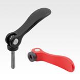 Cam levers, aluminium with internal or external thread, plastic thrust washer and steel or stainless steel stud