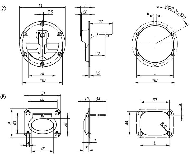 Recessed handles, fold-down, stainless steel