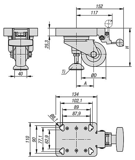 Elevating castors with integrated machine foot for aluminium profiles